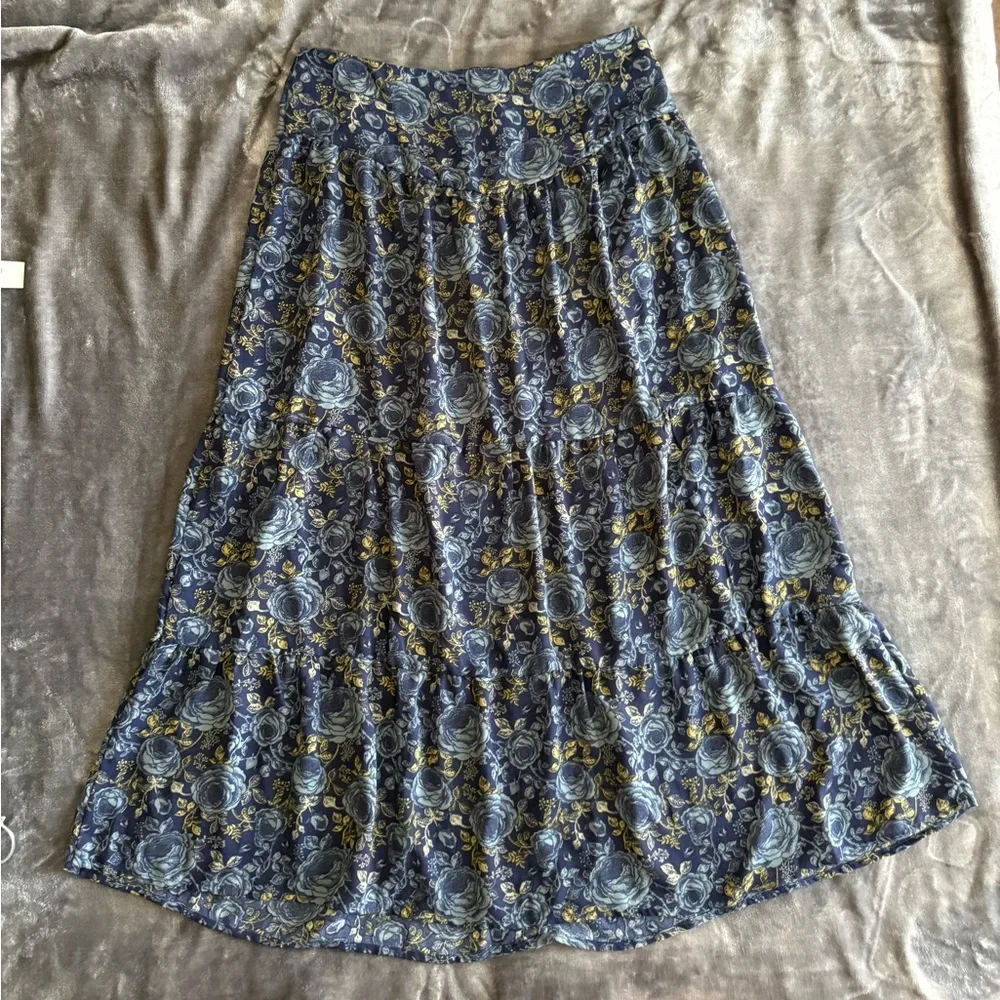 Sweet Salt Tiered Button Front Floral Maxi Skirt Size 4 Blue Boho A-line Cottage